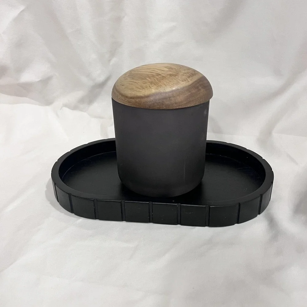 Haven Smoke Glass Storage Jar with Beautiful Wood Lid and Black Vanity Tray